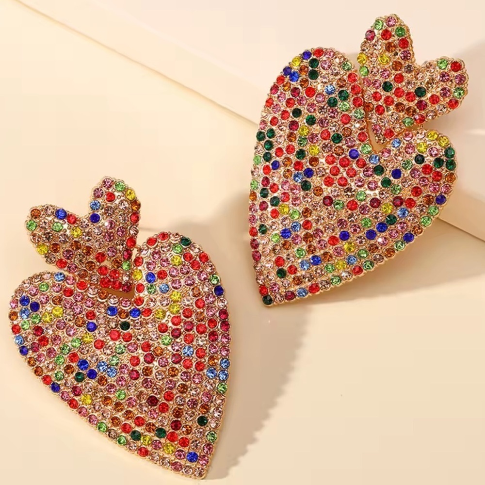 Colorful Heart Crystal Drop Earrings - Picture 1 of 8